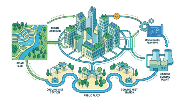 Illustration of a sustainable urban planning concept showing a smart city integrated with green spaces, cooling stations, and a district cooling plant, emphasizing eco-friendly resource