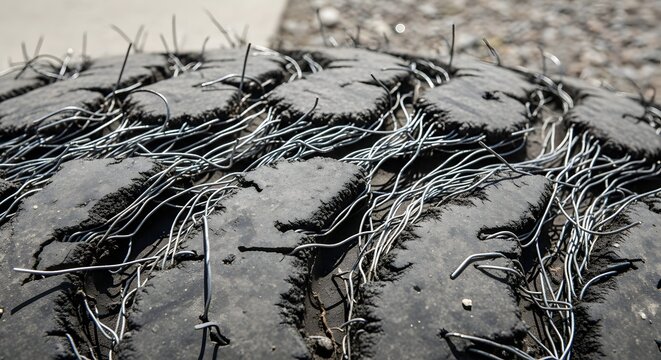 Close-up of a damaged tire tread with exposed wires and deep cuts, indicating wear and tear