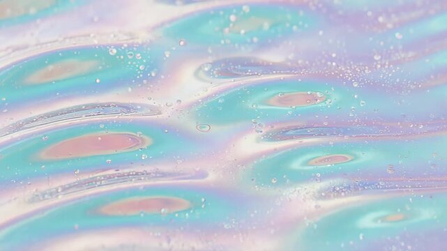 Pastel holographic liquid texture with iridescent droplets and soft pearlescent flow for glossy beauty background