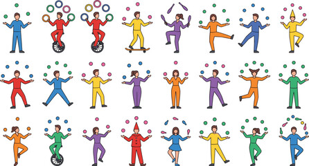 Outline Style Colorful Juggler and Circus Performer Character Set Featuring Ball, Ring, Pin, and Unicycle Acts for Entertainment and Carnival Illustrations © Mifta
