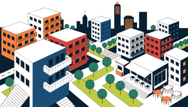 Very beautiful tiny urban world with miniature apartments, small caf&eacute;s, tree-lined streets, and glowing skyline details in elegant isometric vector illustration style.