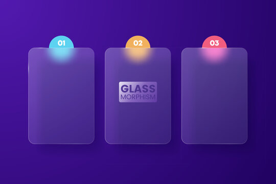 Modern glassmorphism infographic template with three transparent screens, glowing circles and purple background. Futuristic UI design elements. Ideal for presentation, business steps, dashboard, web.