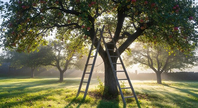 An old wooden ladder leaning against a fruit tree laden with apples, bathed in the warm glow of morning sunlight in an orchard