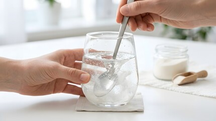 Close up of hands stirring collagen powder with spoon in glass of water for healthy lifestyle