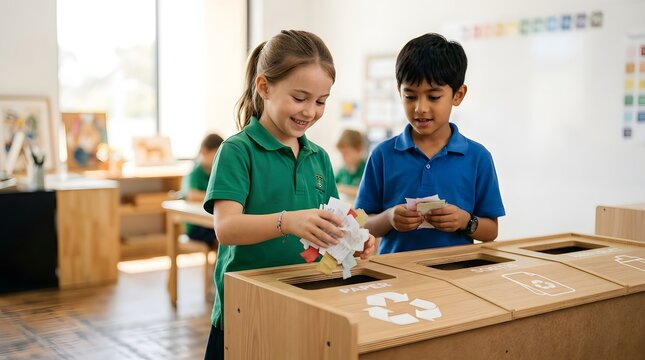 Happy diverse school children sorting paper waste into wooden recycling bin in bright classroom