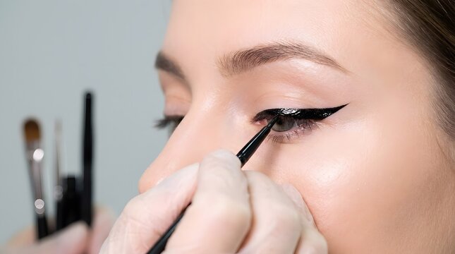 Professional makeup artist applying black liquid eyeliner brush on model eye for perfect winged line