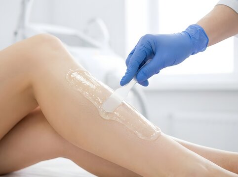 Close up of beautician hand applying sugar paste gel on smooth female leg for shugaring waxing