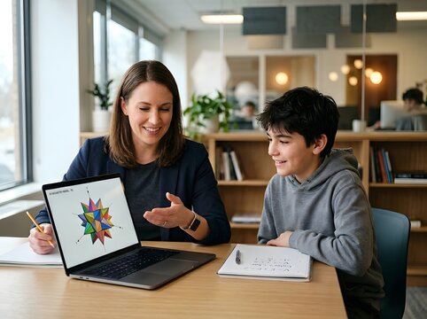 Smiling female tutor explaining math 3D geometry shape on laptop screen to male student at desk