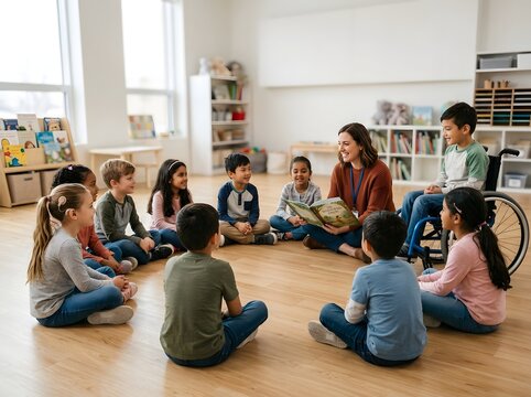 Happy female teacher reading book to inclusive group of diverse kids sitting in circle on floor