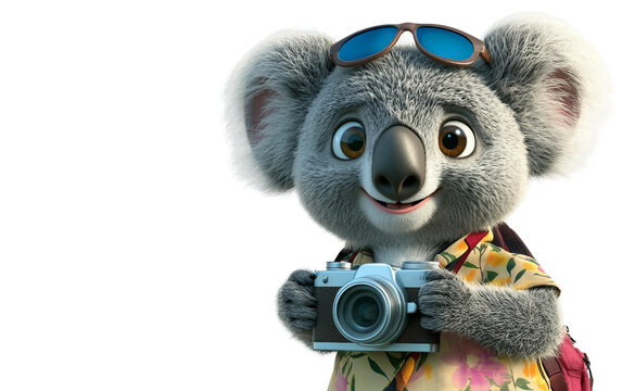 Koala dressed as tourist holding camera in a 3D cartoon style representing travel adventure and playful wildlife character design Isolated on transparent background PNG