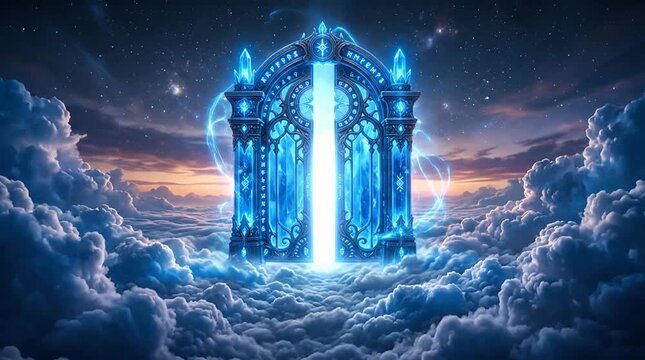 Ethereal celestial gateway emerging from luminous clouds in a cosmic fantasy scene