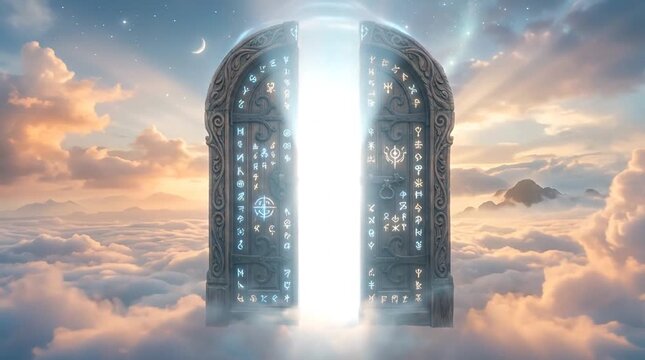 Magical celestial gate opening in the sky surrounded by clouds and glowing symbols