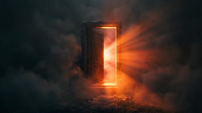 Ethereal Portal Opening in Dark Cloudy Atmosphere with Fiery Glows and Smoke Effects