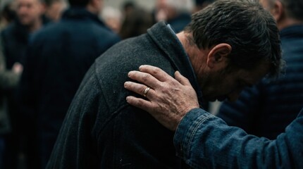 Fototapeta premium Close up of a comforting hand on the shoulder of a depressed senior man in a crowded room