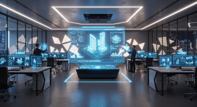 Professional architects using holographic building models in office