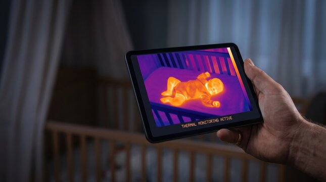 Parent holding a tablet displaying a thermal imaging monitor of a baby sleeping safely in a crib