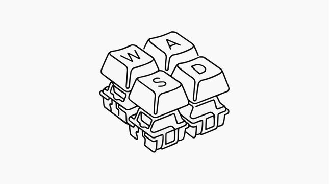 WASD Keyboard Keys: A sketch of four individual keyboard keycaps forming the WASD cluster, commonly used in gaming, resting on a surface, isolated for clarity.