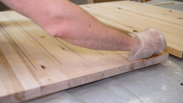 Hand applying wood protection oil on boards with rags. Hand applying wood protection piece in gold color with rags, indor. Impregnation of wood and coating with oil