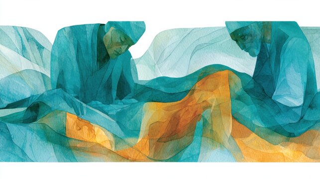 This artwork presents an abstract view of caesarean birth with two medical figures supporting a labouring form in a clinical setting.
