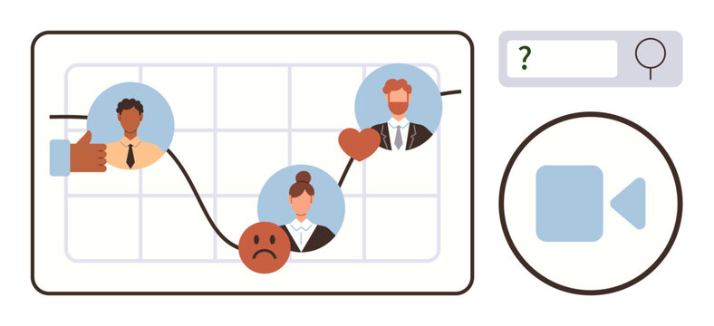 Business insights, teamwork, emotional tracking, communication, virtual meetings, human resources. Chart showing emotions and team members. Business insights and teamwork concepts
