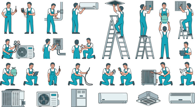 Flat Style HVAC Technician and Air Conditioner Installation and Repair Set Featuring Worker Poses and AC Unit Designs for Service and Maintenance Illustrations