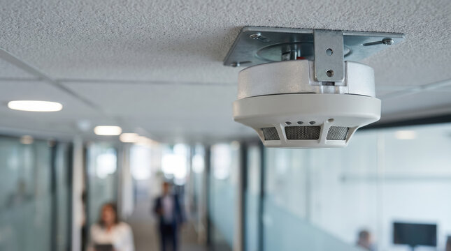 Fire smoke detector sensor installed on ceiling for protection in modern corporate business office blurred corridor background. Smart building automation IoT technology. Intelligent system. Copy-space