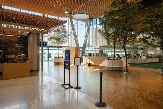 Portland, OR, USA - Aug 31, 2025: Interior view of the Portland International Airport (PDX) terminal building.