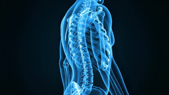 Blue glowing human skeleton torso with rib cage and spine