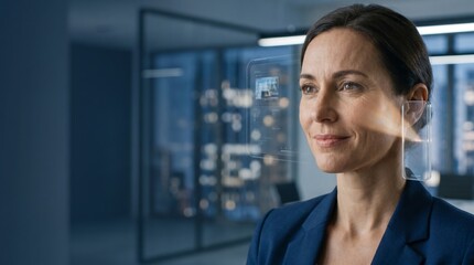 Fototapeta premium Professional woman wearing a futuristic wearable holographic device that displays digital information near her face in this modern business photo