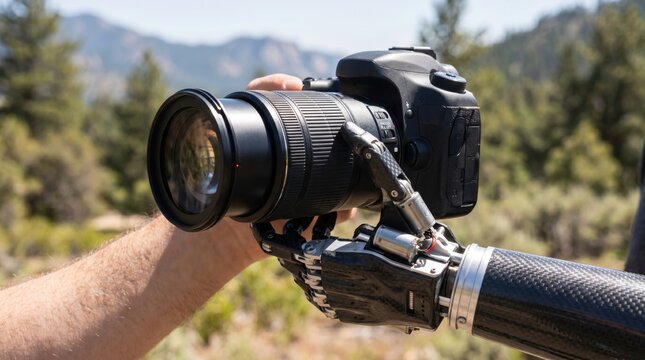 Person with an advanced robotic bionic arm holding a digital camera outdoors