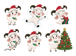 Fototapeta premium Cute Christmas goat collection flat vector illustration isolated on white background, kawaii 2027 year symbol cartoon character set for holiday design