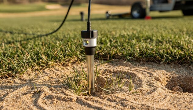 Focused view of a soil moisture probe in sandy soil on a golf green showcasing automated irrigation control with a gently outoffocus background
