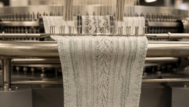 Closeup medium shot of firm compression sock manufacturing line showing textured yarn and automated stitching for enhanced leg stability and circulation.
