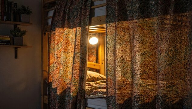 Softfocus shelving and a glowing reading light frame a dorm bunk bed with vibrant patterned curtains drawing attention to the privacy fabric in sharp focus.
