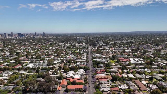 Fullarton, Adelaide, South Australia &ndash; 4K Aerial Drone Footage of, Houses and Estates, Jacaranda Trees, Gridded Streets, Urban Housing and nearby Residential Suburbs of Myrtle Bank, Highgate
