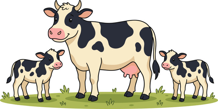 Cartoon Smiling Mother Cow with Two Baby Calves Standing on Green Grass Patch for Farm, Dairy, and Animal Family Illustrations