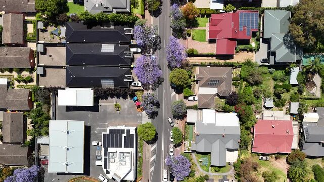 Fullarton, Adelaide, South Australia &ndash; 4K Aerial Drone Footage of, Houses and Estates, Jacaranda Trees, Gridded Streets, Urban Housing and nearby Residential Suburbs of Myrtle Bank, Highgate