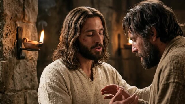 Jesus Christ with long brown hair shows his crucifixion wounds to the doubting apostle Thomas in an ancient stone room lit by candlelight conveying belief faith and the resurrection with strong emotio