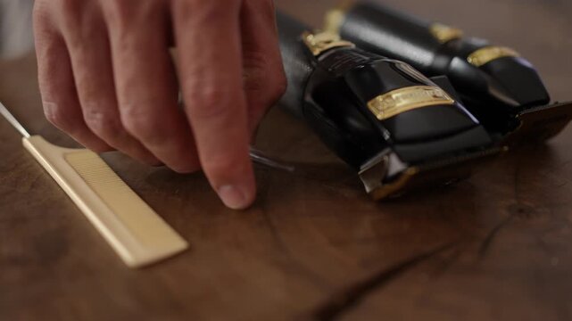 Close-up of a barber's hand picking up steel scissors and then a golden comb from a wooden table next to two professional hair clippers