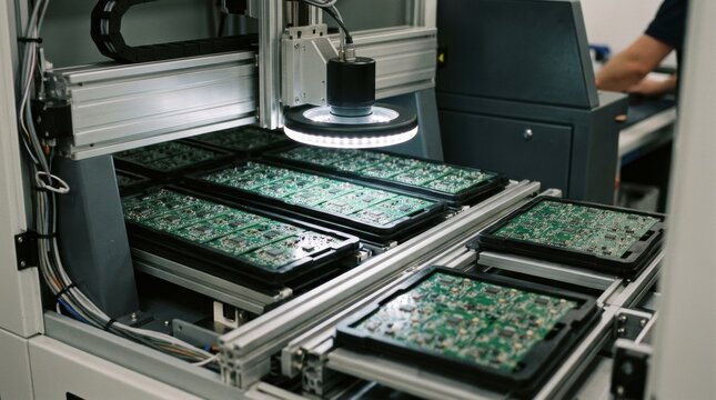 Medium shot capturing batch mode AOI inspection showing trays of PCBs being scanned systematically for missing or misplaced components under controlled conditions.