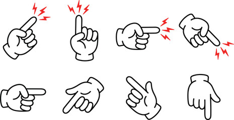 Fototapeta premium Cartoon Comic Style Hand Pointer and Finger Gesture Set Featuring Lightning Bolt Effects for Direction, Attention, and UI Design Illustrations
