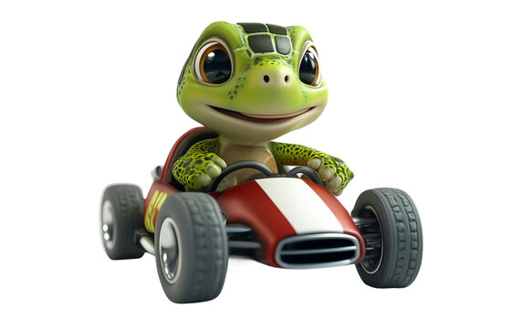 Tiny turtle in a race car ready to zoom in playful 3D cartoon style racing scene Isolated on transparent background PNG