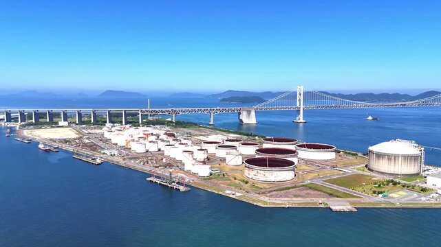 Industrial Tanks | Seto Ohashi Bridge | Aerial - 4K Aerial Video
