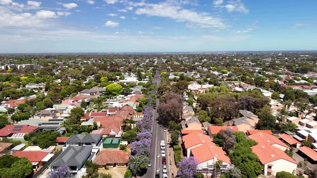 Fullarton, Adelaide, South Australia &ndash; 4K Aerial Drone Footage of, Houses and Estates, Jacaranda Trees, Gridded Streets, Urban Housing and nearby Residential Suburbs of Myrtle Bank, Highgate