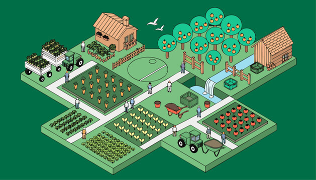 Very beautiful tiny farming world featuring miniature tractors, vegetable gardens, fruit orchards, and charming wooden houses in detailed isometric vector illustration style.