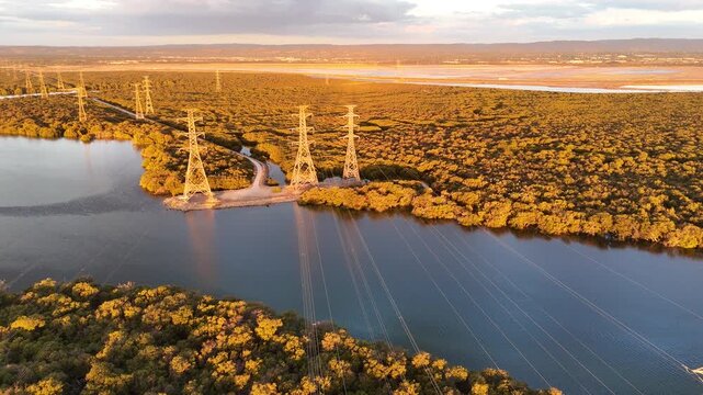 Garden Island and Torrens Island, North Adelaide, South Australia &ndash; 4K Aerial Drone Footage of Mangrove Wetlands, Kayaking Trails, Port River Estuary, Ships Graveyard, high-voltage lines at Sunset
