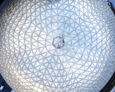 Aerial view of the Irish Cement Ltd geodesic dome featuring an intricate triangular metallic grid pattern in Drogheda, County Louth, Ireland.