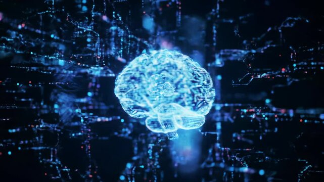 A wide video showcasing a luminous digital brain pulsating within an expansive dark digital space, surrounded by an evolving network of shimmering data streams and neural pathways, illuminated by
