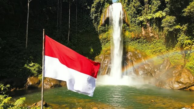 Indonesian flag waving in front of a scenic tropical waterfall