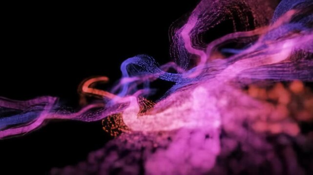 Dynamic, intelligent data streams and neural network activity with vibrant electric pink, deep purple, luminous blue, and fiery orange particles leaving glowing trails against a vast, deep black void